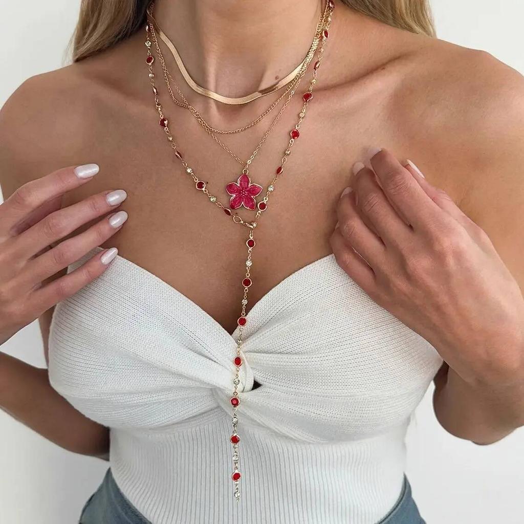 SHIXIN 4Pcs/Set Fashion Elegant Flower Pendant Necklaces Women Vintage Simple Crystal Chain Choker Daily Party Jewelry Gift 2026