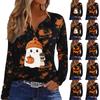 Women's Casual Halloween Print V-Neck Long Sleeve T-Shirt with Decorative Buttons