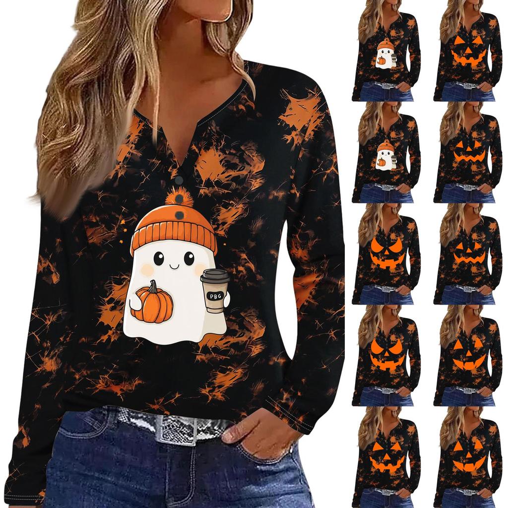 Women's Casual Halloween Print V-Neck Long Sleeve T-Shirt with Decorative Buttons