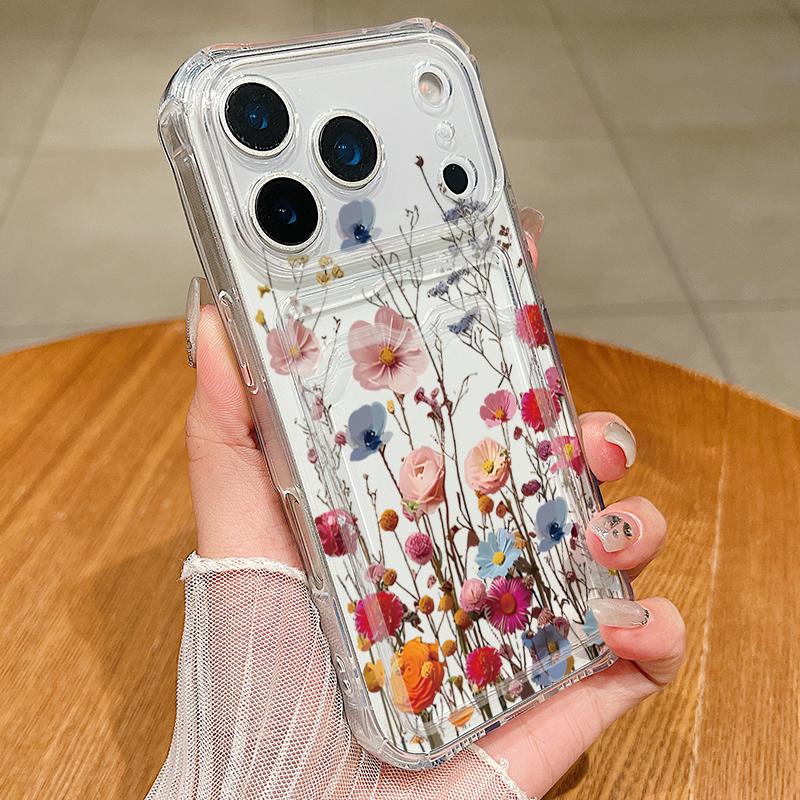 Silicone Cover For iPhone 16 Pro Max Funda iPhone 17 Air 15 14 13 12 Pro Max 11 colorful Small Flowers Pattern Case Insert the card Silicone Cover