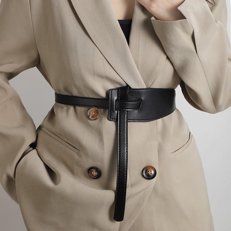Wide Womens Belt Coat Dress Outfit Stylish Knot-Tie Waist Cincher PU Leather Look Casual Vintage Chic Accessory Black