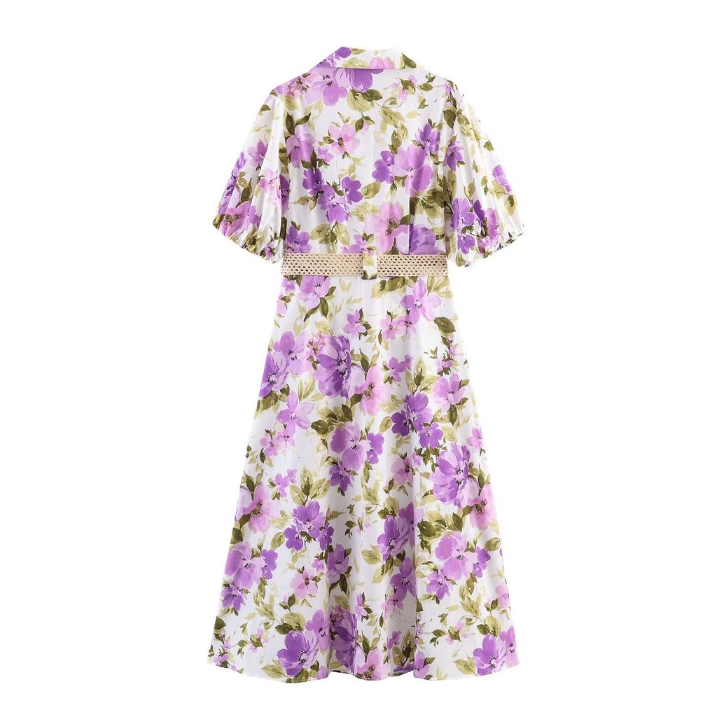European and American Style, New Women's Clothing, Foreign Style, Flower Print Dress with Belt 5029107