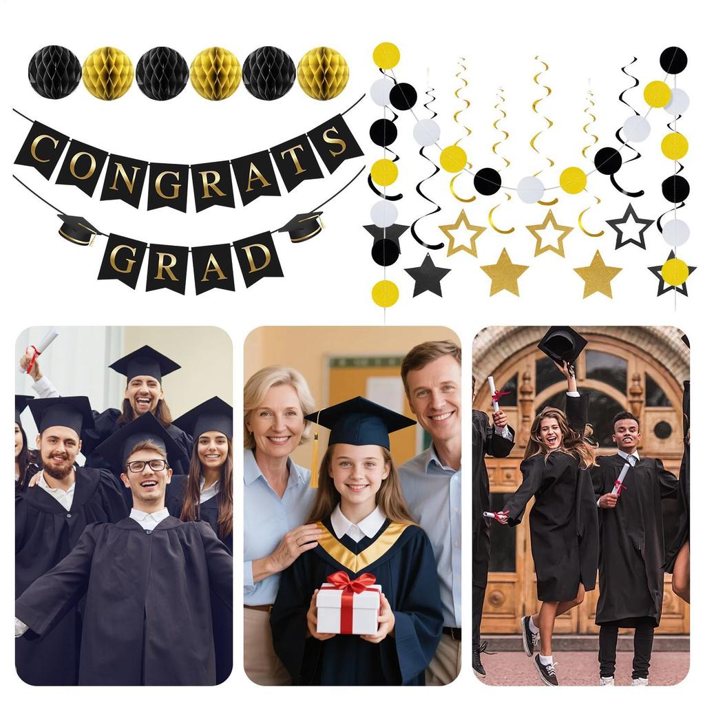 Graduation Banners Grad Sign Set Paper Stars Balls Grad Banner For College High School University Door Ceiling Wall Tree Home
