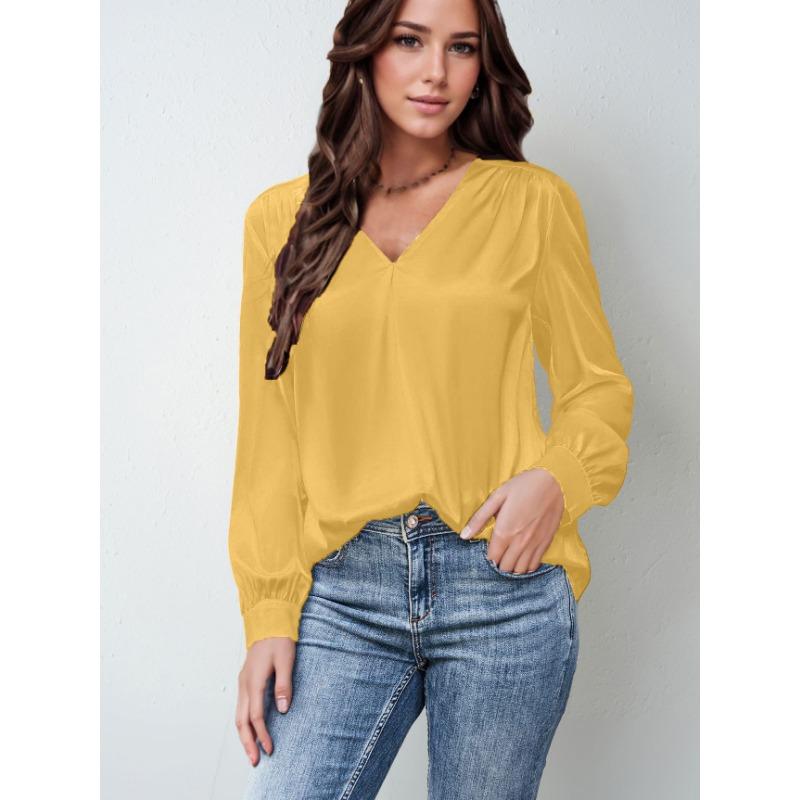 Plus Size Women's Pleated Long Sleeve V Neck Casual Loose Commuter Top