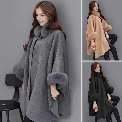 Damen Winter Cape Mantel Dolman-Ärmel Dicker Schal Lockerer Stehkragen Einfarbig Kunstpelz Dekor Warmer Poncho für den Alltag Arbeit Outdoor