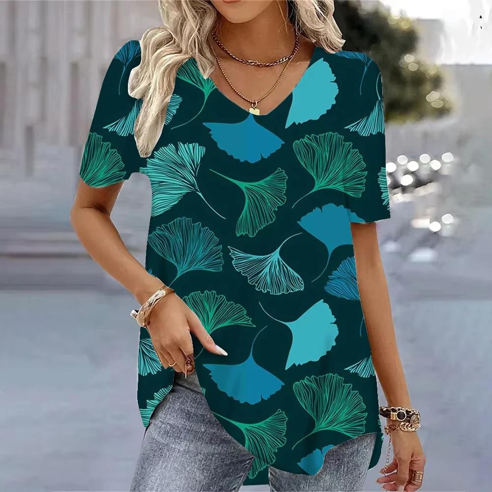 Casual Versatile Plant Pattern Short Sleeve V-Neck T-Shirts Women’s