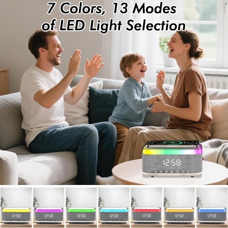 Despertador de Rádio de Cabeceira, Despertador com Carregamento Sem Fio de 15W, Alto-falante Bluetooth, Carregador Sem Fio, 13 Efeitos de Iluminação LED, Rádio FM, Carregamento USB