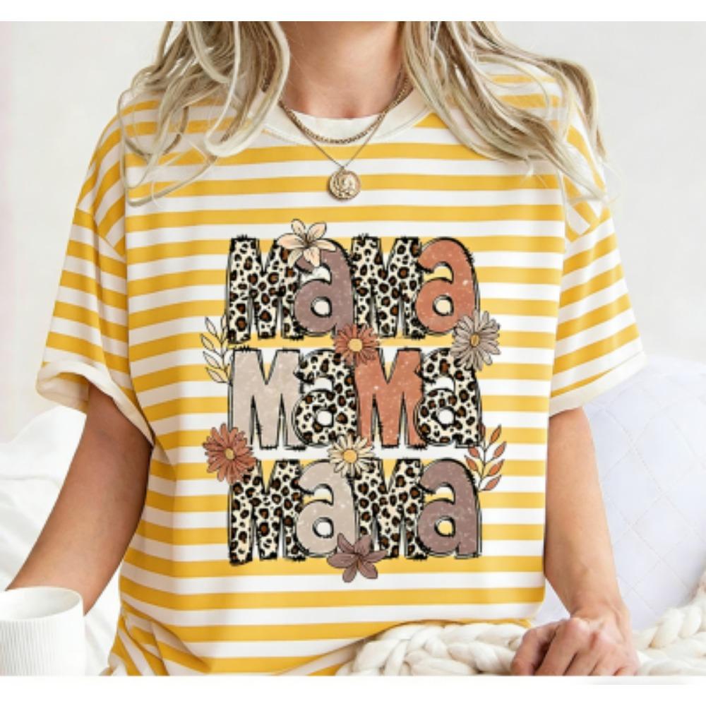 Fashion Funny Grid Leopard Mama Print Women's Short Sleeves T-Shirt Loose Casual Summer Outdoor Street Women's Tees Tops