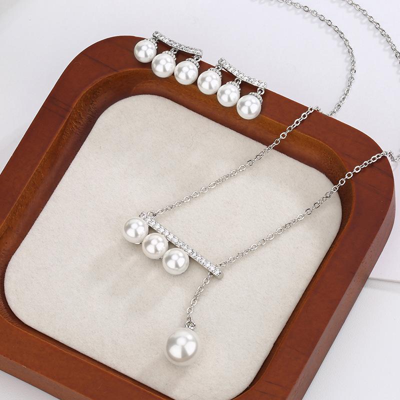 Huamei Jewelry Pearl Set S Silver Needle Earrings Balance Beam Pearl Necklace Pull Adjustable Women'S Goods