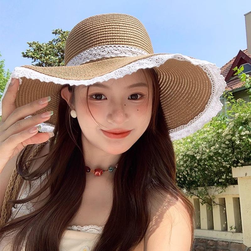 Lace Bow Straw Hat Women's Summer French Large Brim Sunscreen Hat Seaside Beach Vacation Sun Hat