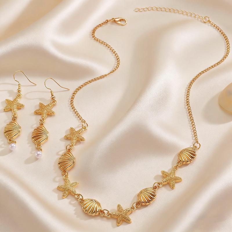 Gold Plated Starfish & Shell Jewelry Set, Ocean Themed Necklace, Earrings & Bracelet for Women