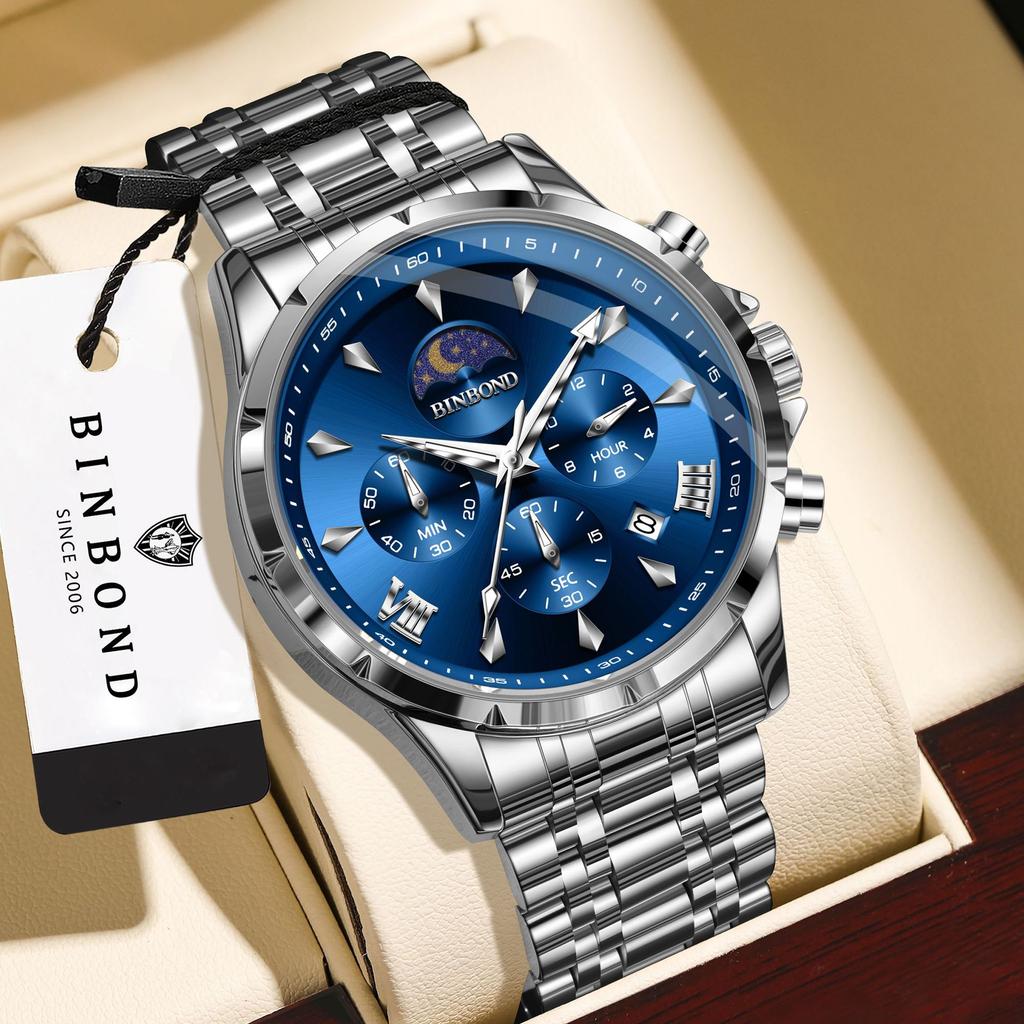 Mens Business Chronograph Watch Stainless Steel Analog Moon‑Phase Wristwatch Waterproof Luminous