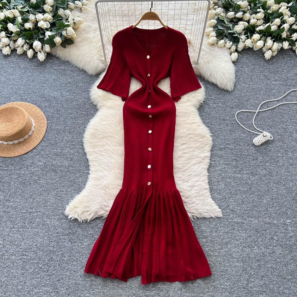 Sommer Damer Elegant V-hals Enkeltspent Strikket Futteral Genser Lang Maxi Fishtail Kjoler