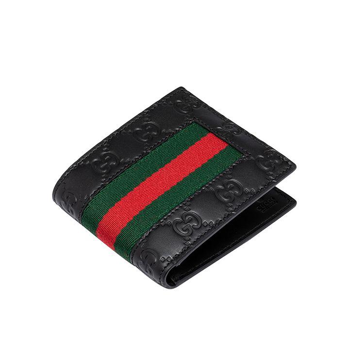 Gucci GG Embossed Black Leather Bifold Wallet With Web Stripe For Unisex Daily Use