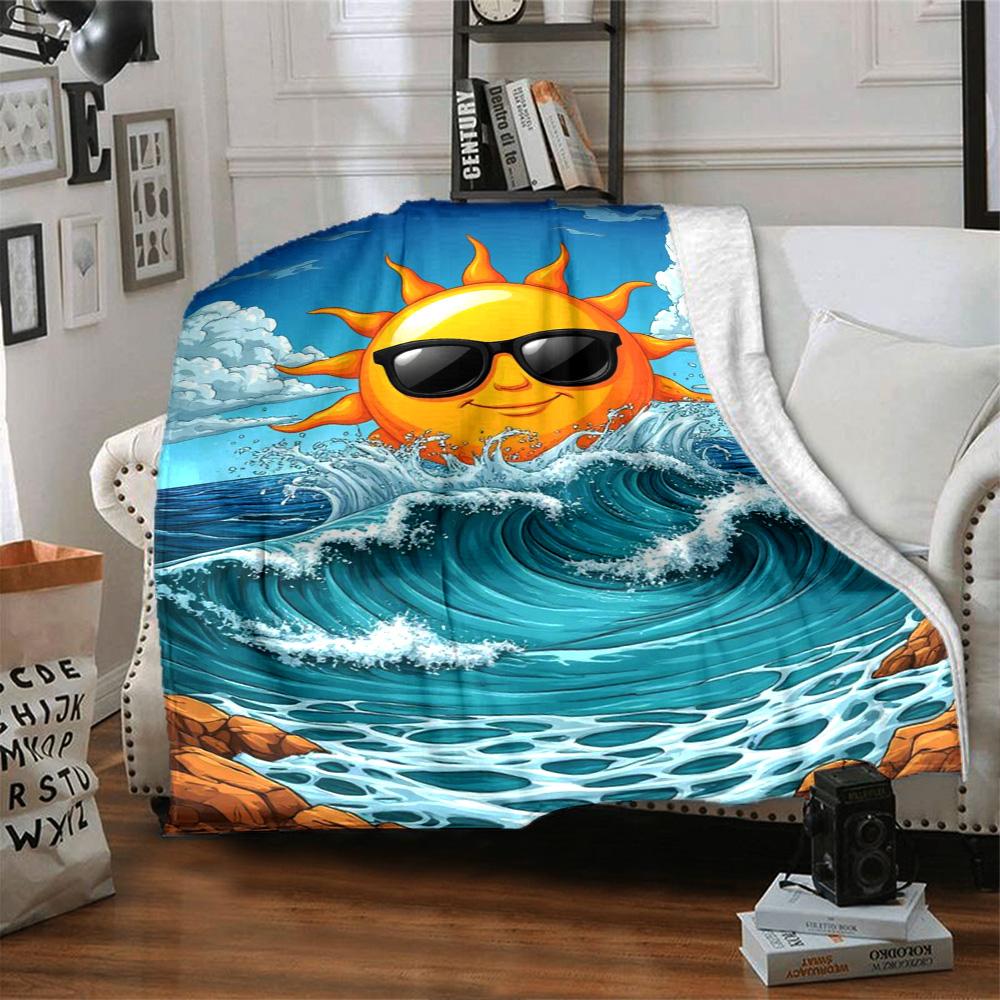 Cool Sunglasses Sun Ocean Wave Sea Rock Cartoon Print Flannel Blanket Soft Warm Throw Blanket For Sofa Bedroom