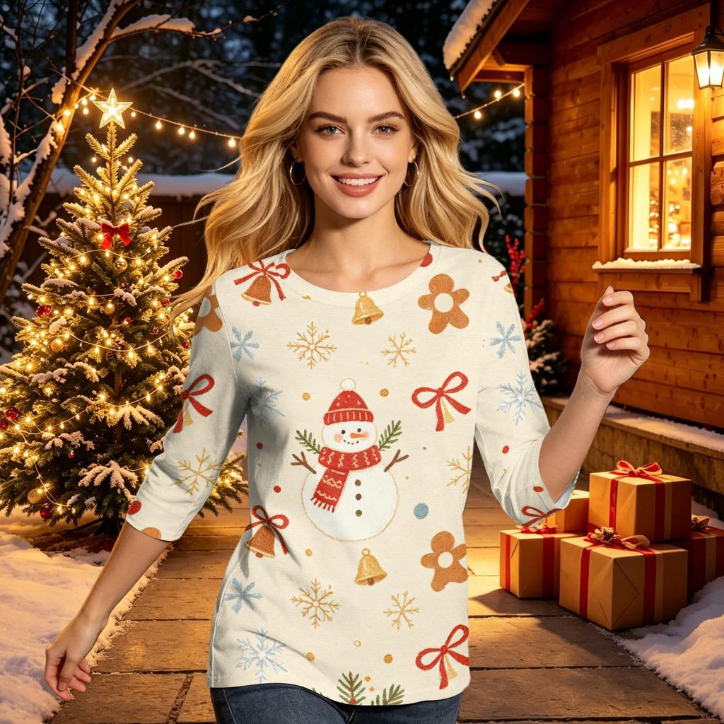 Women's Christmas Printed 3/4 Sleeve Neck Casual Blouse for Holiday Party