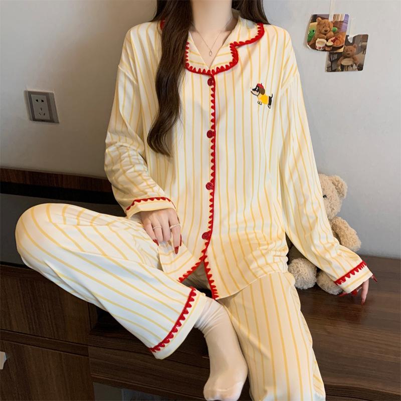 Roter gepunkteter Pyjama Damen High-End Frühling und Herbst Cartoon Muschel bestickter Rand Langarm Loungewear Set