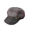 French retro plaid woolen octagonal hat women's autumn and winter leather brim newsboy hat shows a small face, daily matching hat