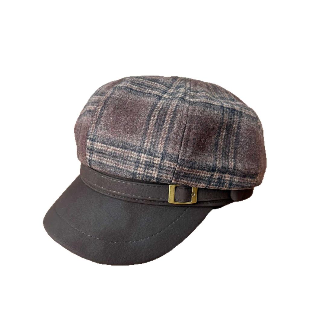 French retro plaid woolen octagonal hat women's autumn and winter leather brim newsboy hat shows a small face, daily matching hat