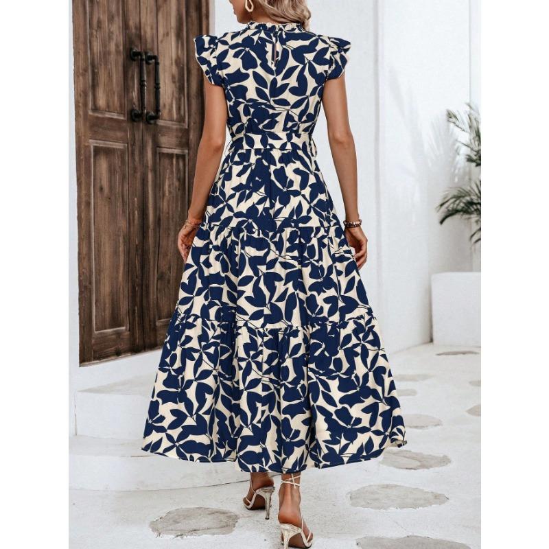 VEZFAA Damenmode Sommer Frühling Blumenmuster Druck Kurzarm Halber Rollkragen Hohe Taille Freizeitkleider