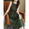 Round neck new pleated loose summer sleeveless temperament long skirt pleated dress with waistband for slimming effect
