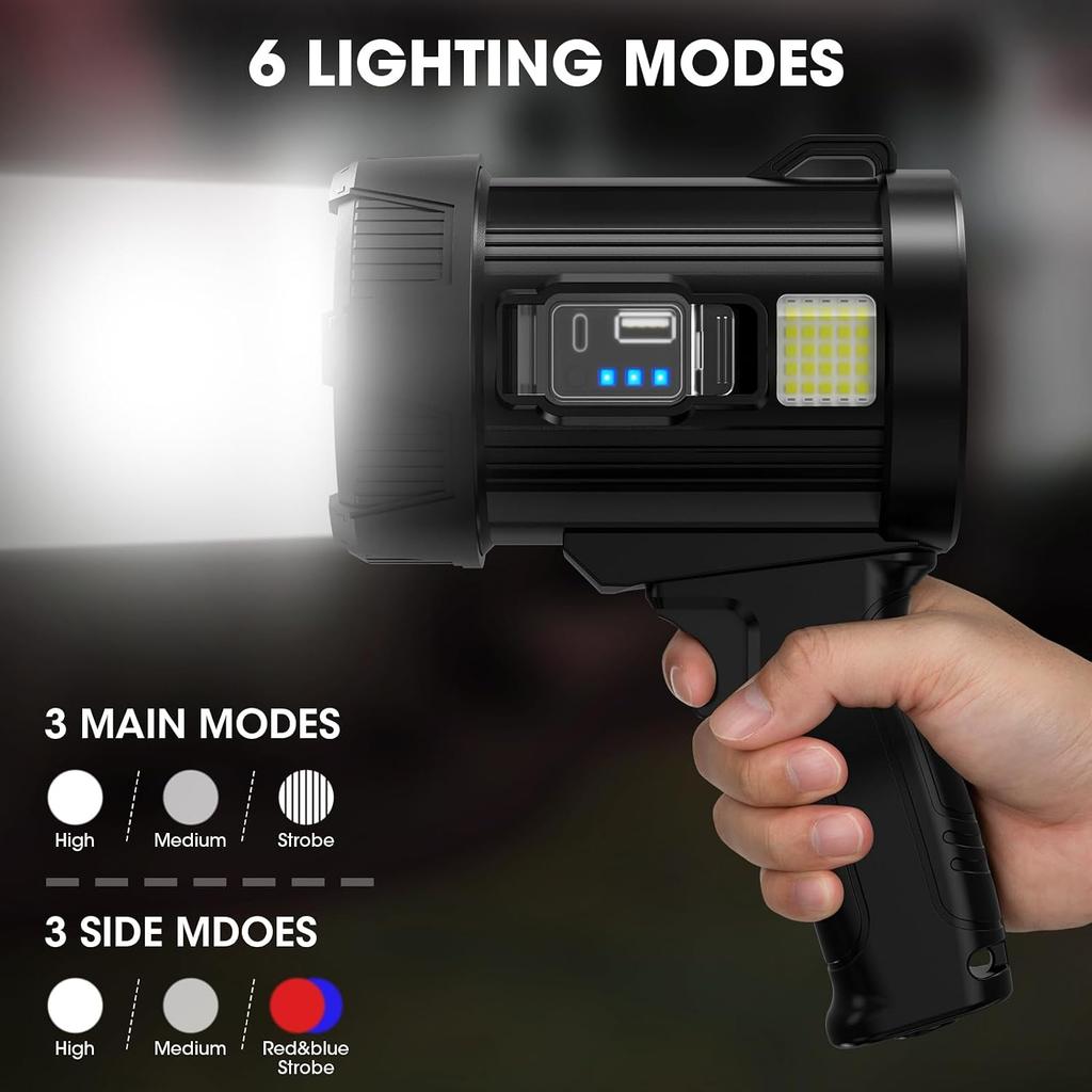 Kmivo Rechargeable Spotlight, 2,000,000 Lumens Super Bright Handheld Led Flashlight, Outdoor Spot Light with Cob Light and Solar Panelsfor Boating