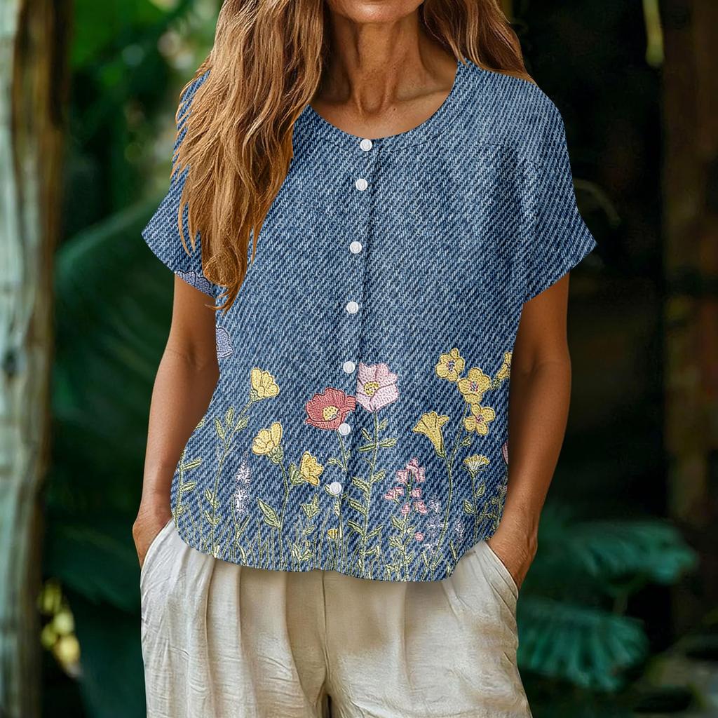 Women Casual Henley Neck Floral Print Button Front Short Sleeve Blouse Loose Fit Lightweight Top for Everyday Wear