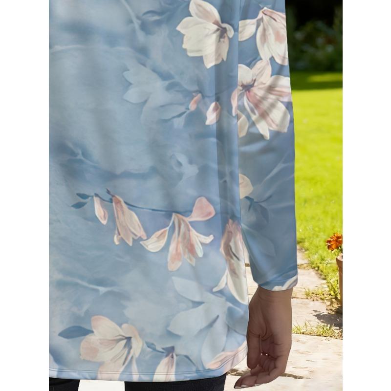 Women's plus size long-sleeved loose top with pockets and fresh floral print