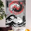 VIKAMA Black And White Japanese Tapestry Koi Cherry Blossoms On Mount Fuji Wabi Sabi Boho Home Office Wall Hanging