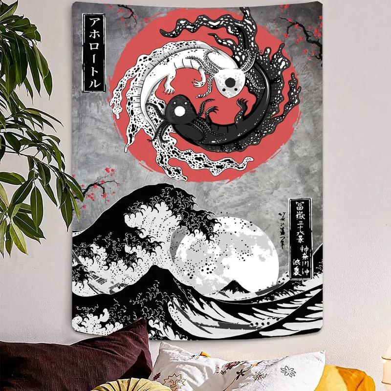 VIKAMA Black And White Japanese Tapestry Koi Cherry Blossoms On Mount Fuji Wabi Sabi Boho Home Office Wall Hanging