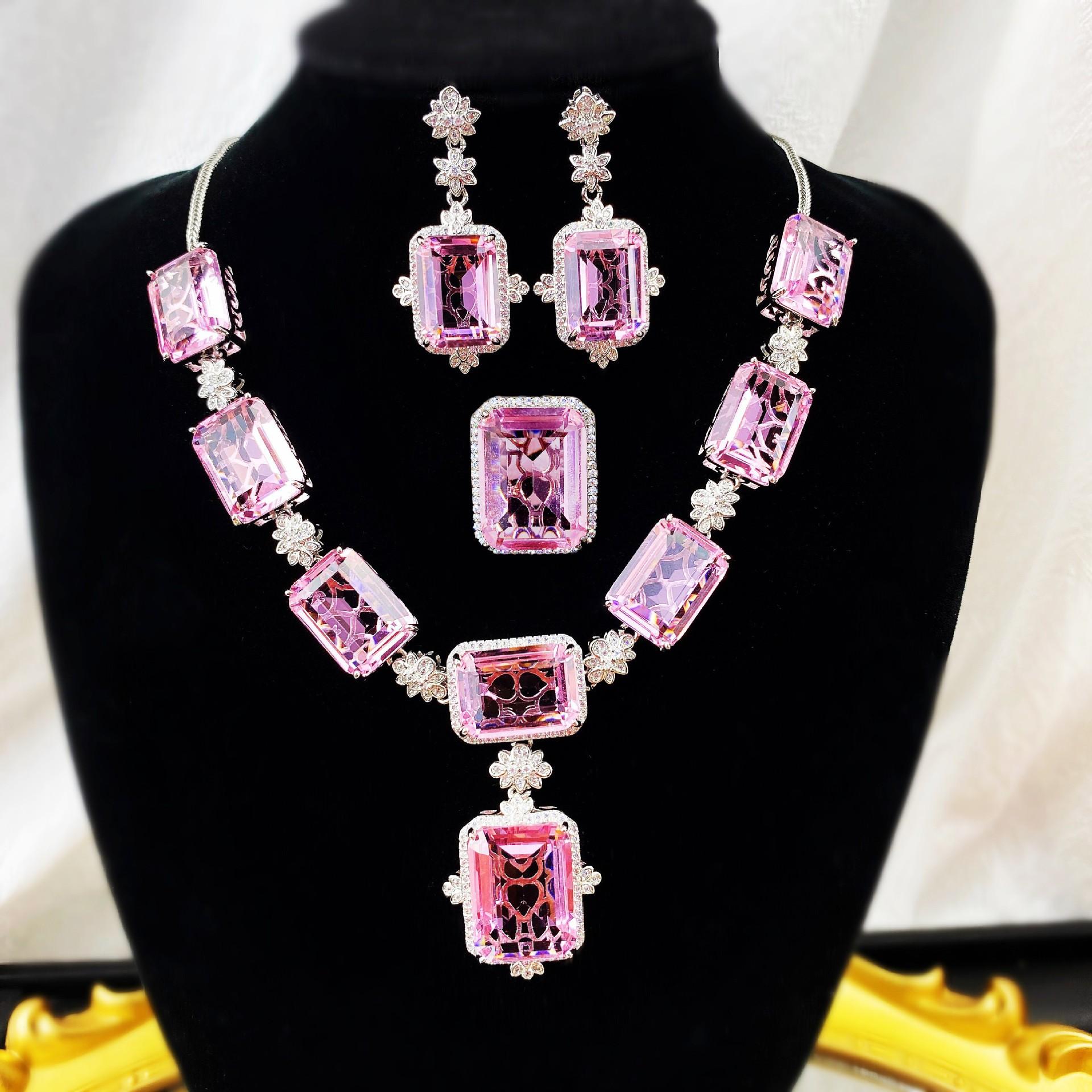 

Charm Top Quality Sterling 925 Silver Jewelry Sets Pink Cubic Zircon Ring Earrings Pendant Necklace Jewelry Set Fine Jewelry