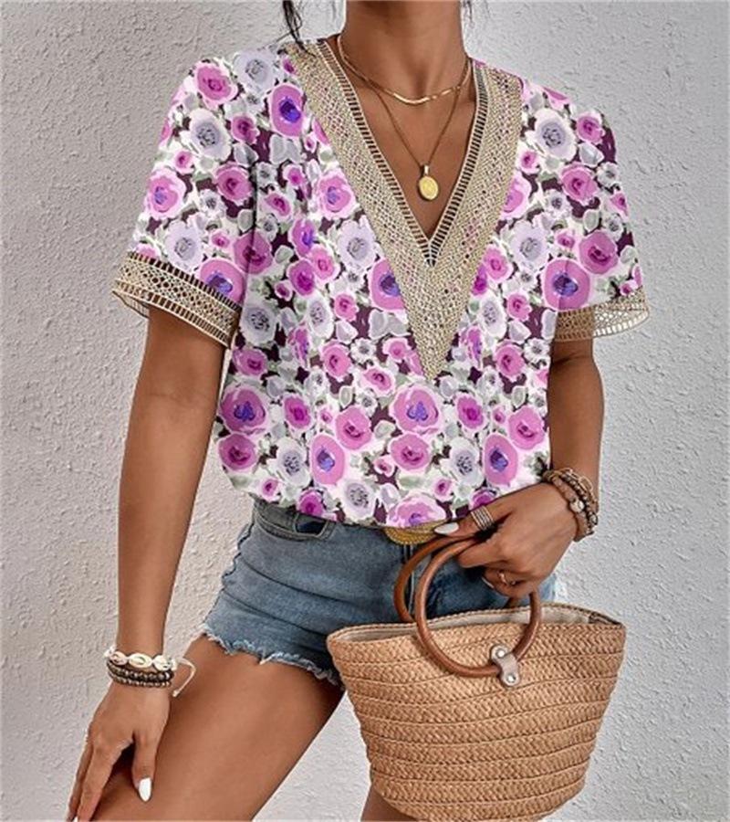 

V,neck Lace,trimmed Loose,fitting Top, Elegant And Suitable For Work, Printed Short,sleeved Shirt S рожевий