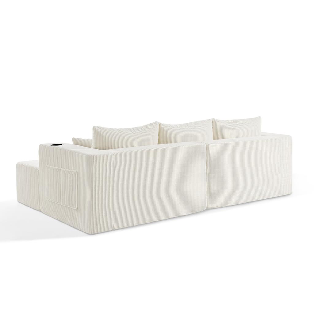 3-Seater Modular Corner Sofa, with Movable Ottomans, Soft Corduroy Fabric, Cup Holder, for Living Room, Hotels and Rental Apartments, Beige
