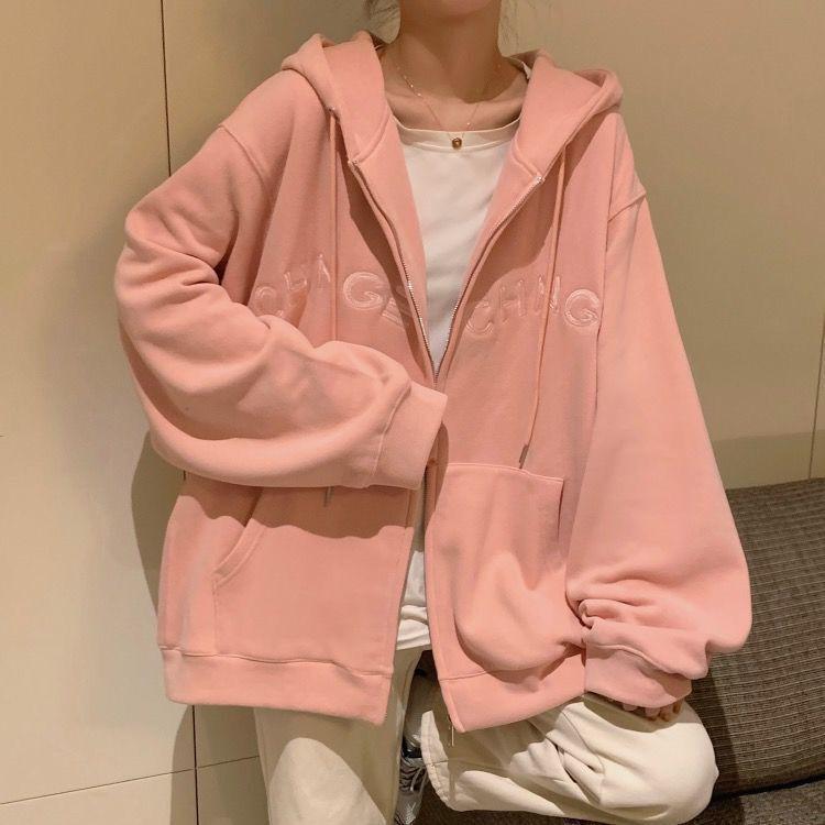 Women's 65% Cotton Embroidered Hooded Sweatshirt - Korean Style Loose Zip-up Jacket (2025 Student Collection)