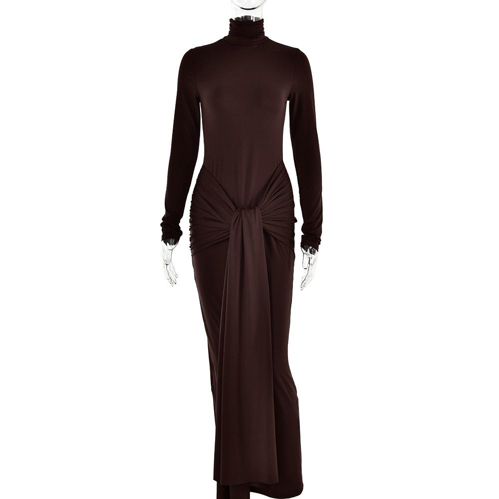 Women's Turtleneck Long Sleeve Maxi Dress Slim High Waist Sexy Solid Tie Front Fall Dress