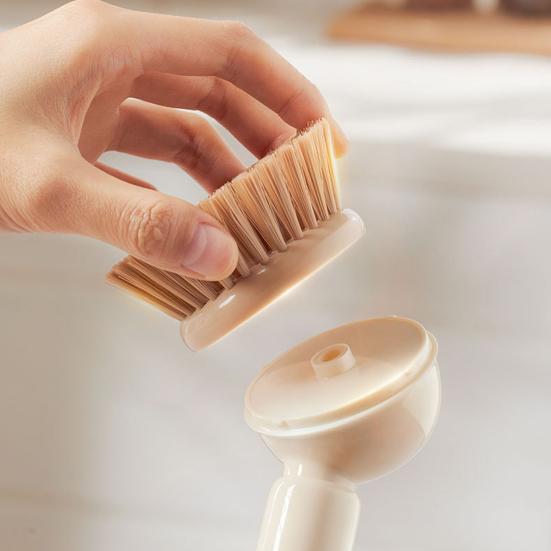 Pot Brush Tough Bristles Ergonomic Grip Long Handle Kitchen Cleaning Brush with Built-in Detergent Dispenser Cutlery Stove Sink Cleaning Tool