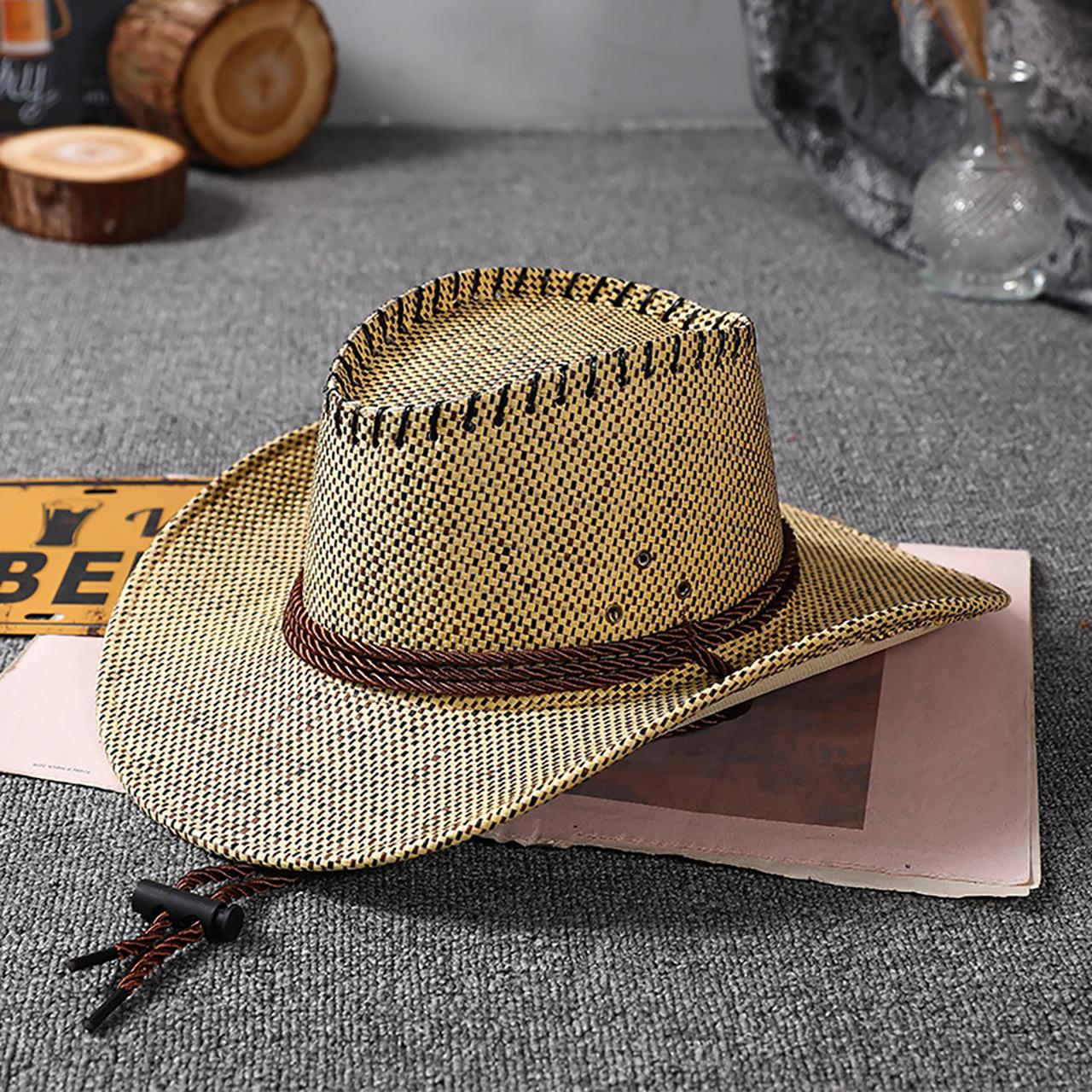 

Fashion Western Cowboy Straw Hat Men Women Summer Sunshade Mountaineering Hat Outdoor Travel Panama Sunscreen Cap 55-58cm жовтий