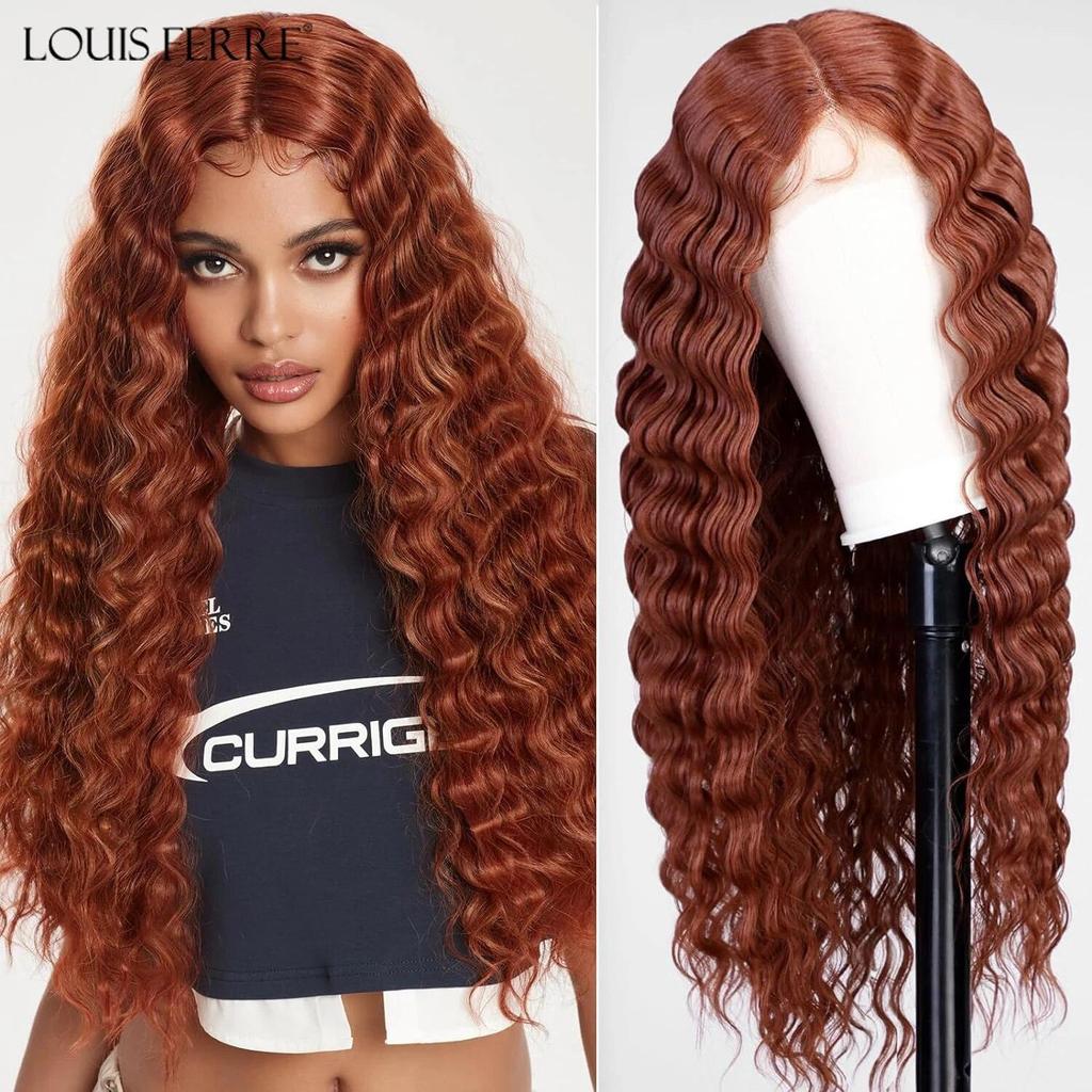 LOUIS FERRE Long Deep Wave Wig Brown Highlight Crimps Curl Synthetic Hair Wigs Lace Front Wig for Women with Babyhair for Daily