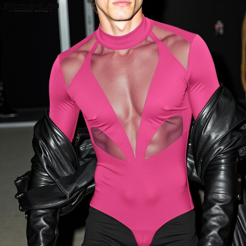 INCERUN Men Long Sleeve See Through Bodysuits Lace Mesh Patchwork Club Playsuits