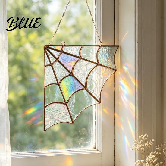 Unique Halloween Door Decor Spiderweb Topper Acrylic Gothic Sun Catcher with Hanging Gem Spiders Stained Glass Spider Web Rainbow Window And