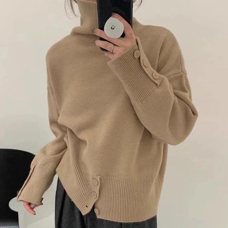 High-necked pullover sweater for women's autumn and winter new loose soft waxy lazy style long-sleeved knitted sweater top for women