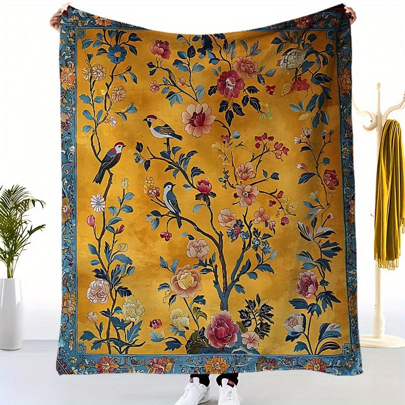 1pc Vintage Style Floral and Bird Blanket, Cozy Home Decor for Holiday Season, Ideal Gift for Christmas, New Year and Family