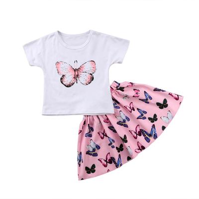2 pezzi di abiti estivi per bambini, t-shirt a maniche corte con stampa di farfalle o collo + completo gonna stampata per bambine