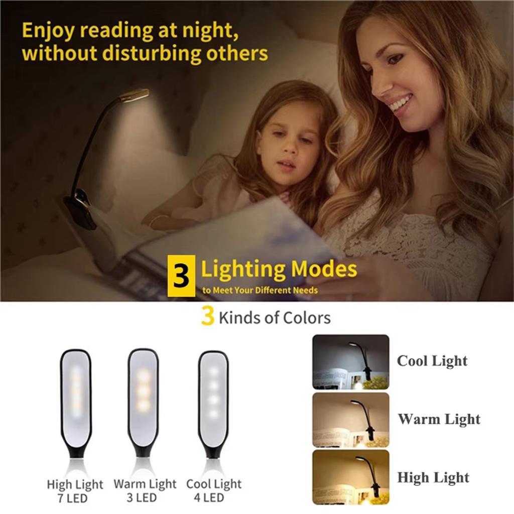 Usb Rechargeable Reading Light 3-level 7 Led Lamp Cold White Working Dimmable Dc-5v Energy/saving Bulbs Eye Protection Clip Book