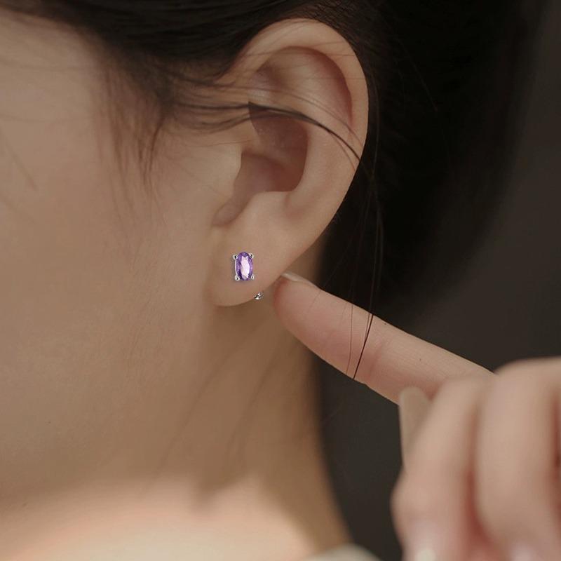 Purple Zircon Four-Claw Stud Earrings Screw Beads Temperament Small Personality Sweet Purple Diamond Oval Screw Earrings