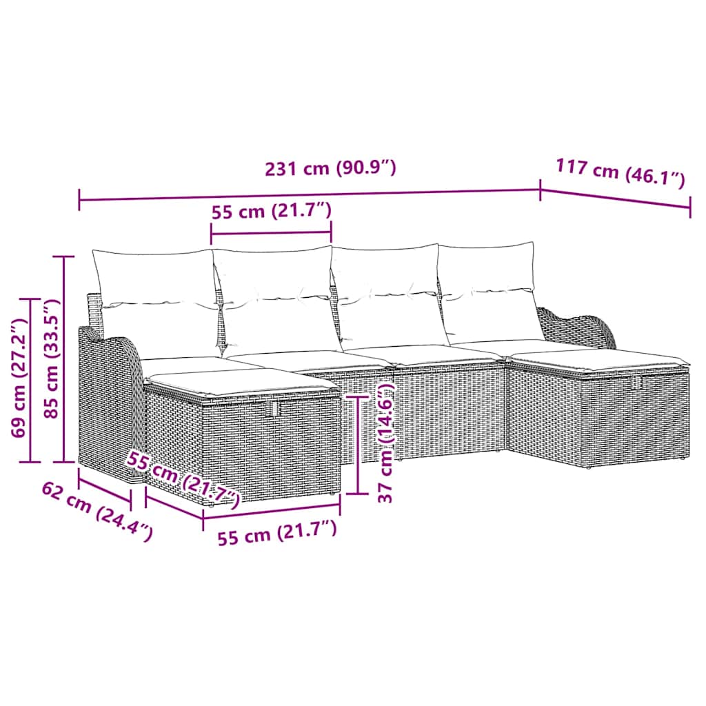 Garden Sofa Set with Cushions 6 pcs Black Poly Rattan