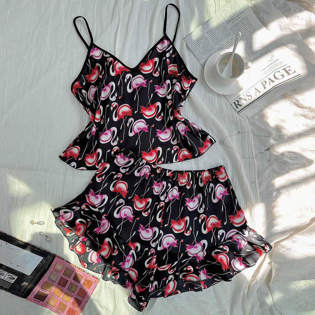 

Летний женский дышащий пижамный комплект с принтом, топ с круглым вырезом, шорты с рюшами, легкий пижамный комплект, повседневный стильный тонкий мягкий удобный пижамный комплект XL