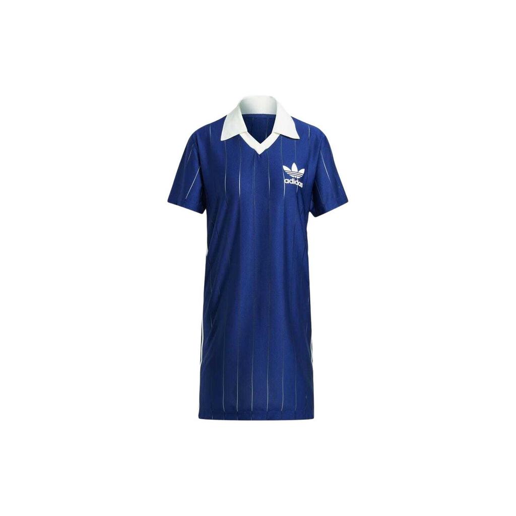 Adidas Originals Logo Stripe Loose Crop Short Sleeve Dress Women Dress Blue IR7467