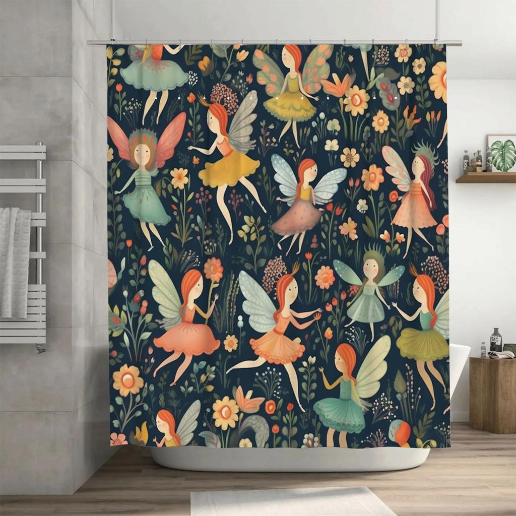 Whimsical Fairy Garden Shower Curtain Colorful Floral Design for Bathroom Decor Extra Long Waterproof Fabric with Hooks Incl