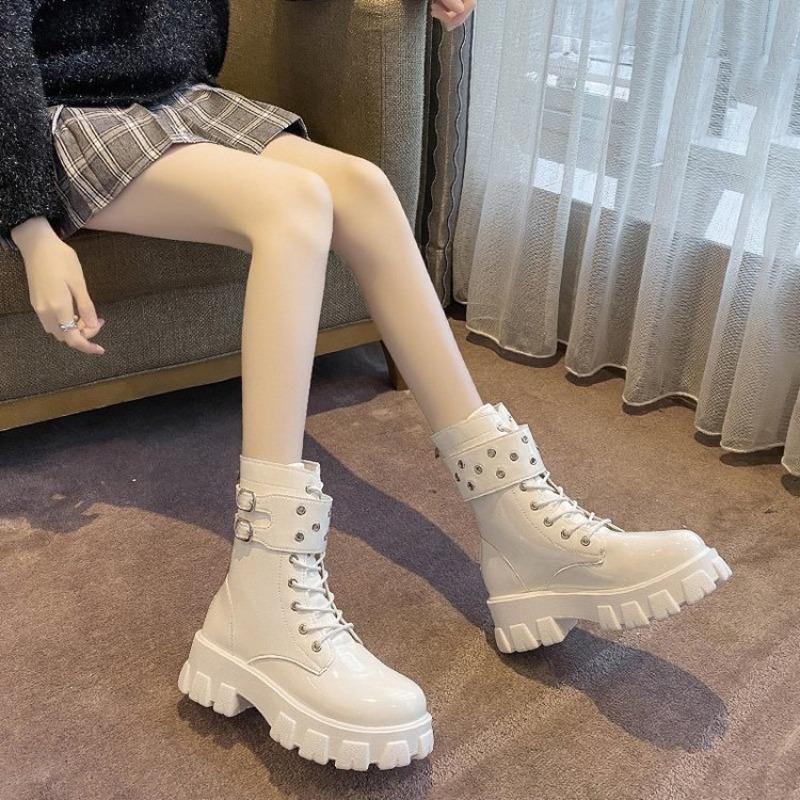 Fashion Women's Platform Patent Leather Boots Zipper Calf Short Leg Knight Boot Women Waterproof Round Toed Thick-soled Boot Botas Mujer